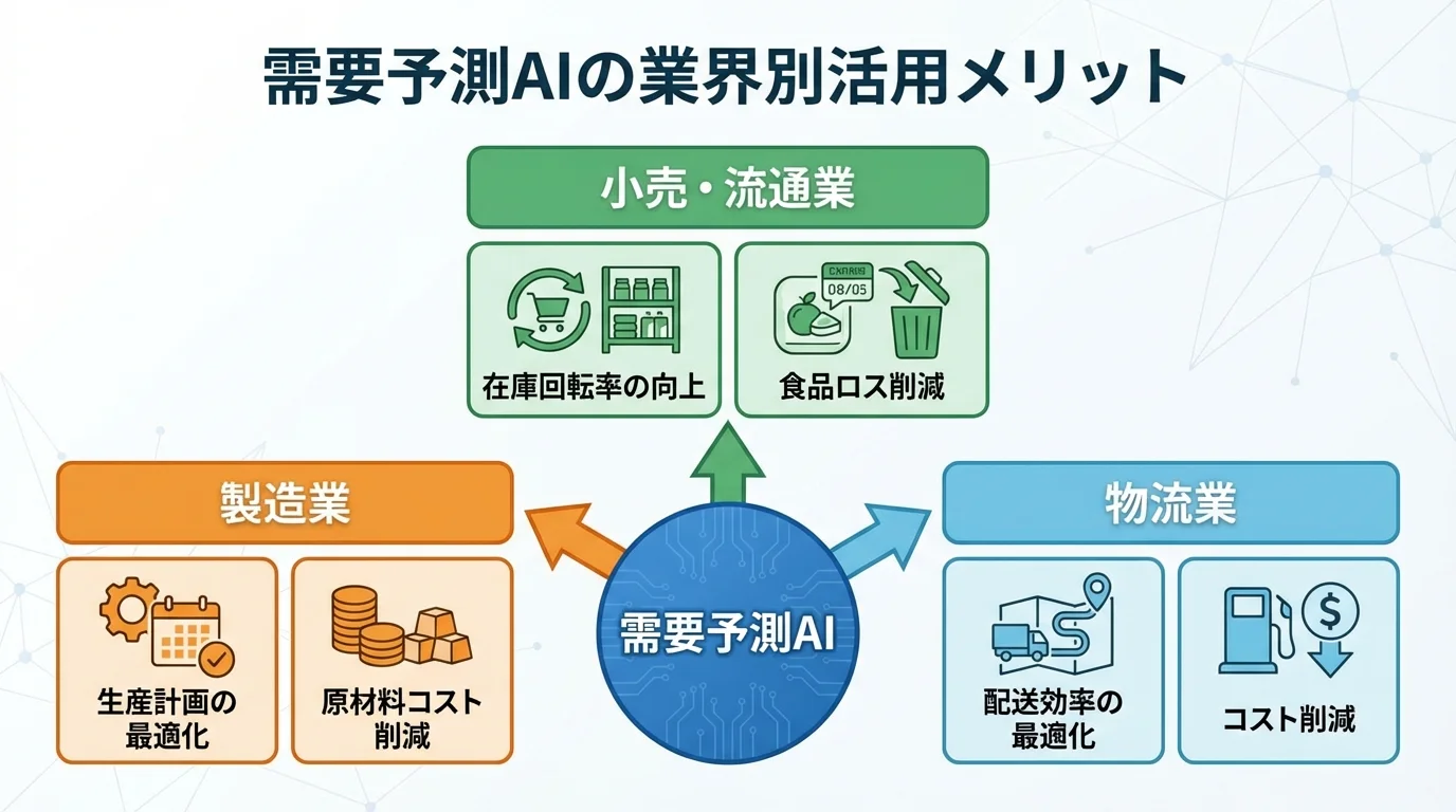 需要予測AIが製造業、小売・流通業、物流業にもたらすメリットを示した図。各業界での主な効果がアイコンと共にまとめられている。