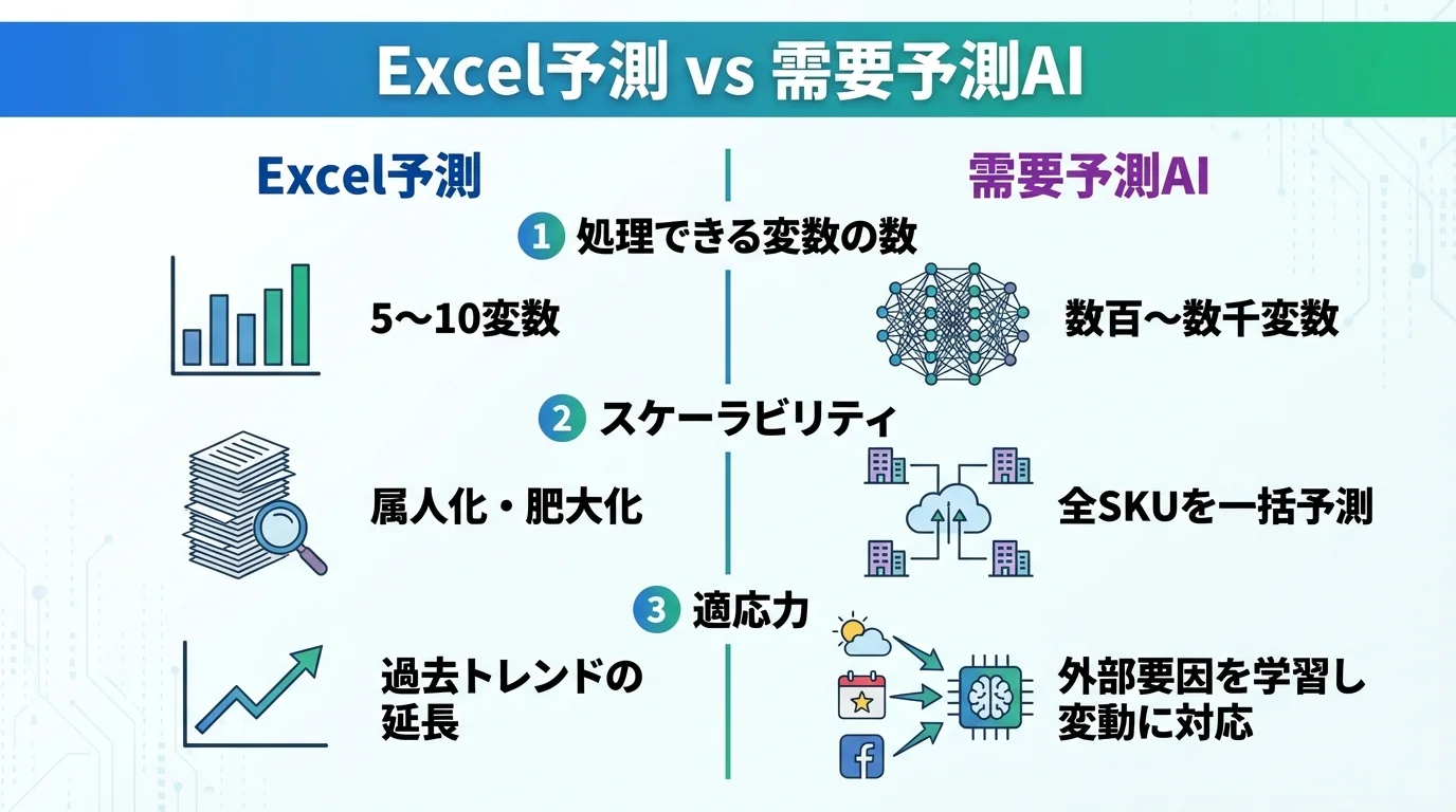Excelによる予測と需要予測AIの違いを、「処理変数」「スケーラビリティ」「適応力」の3つの観点で比較した図解。