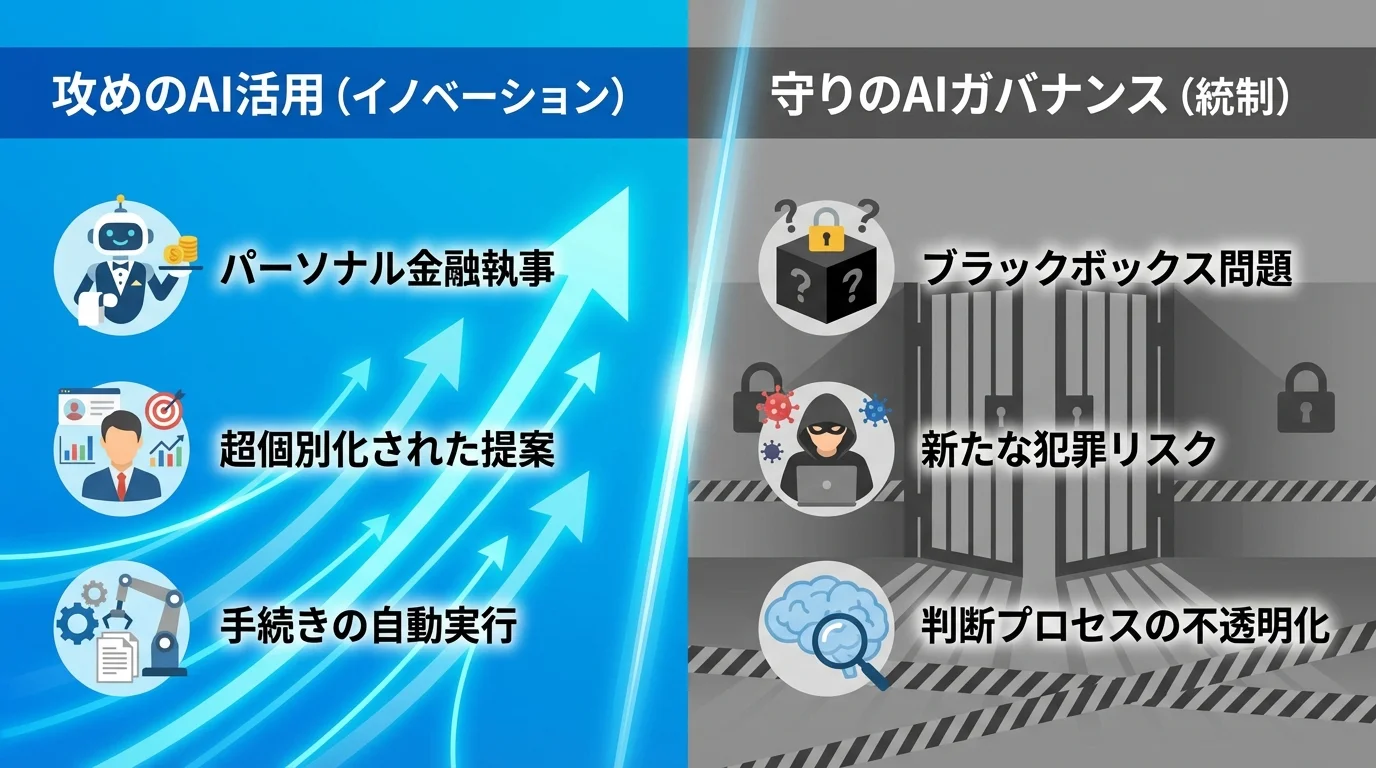 AI活用における光と影の対比図。「攻めのAI活用」のメリットと、「守りのAIガバナンス」の課題が左右に並べて整理されている。