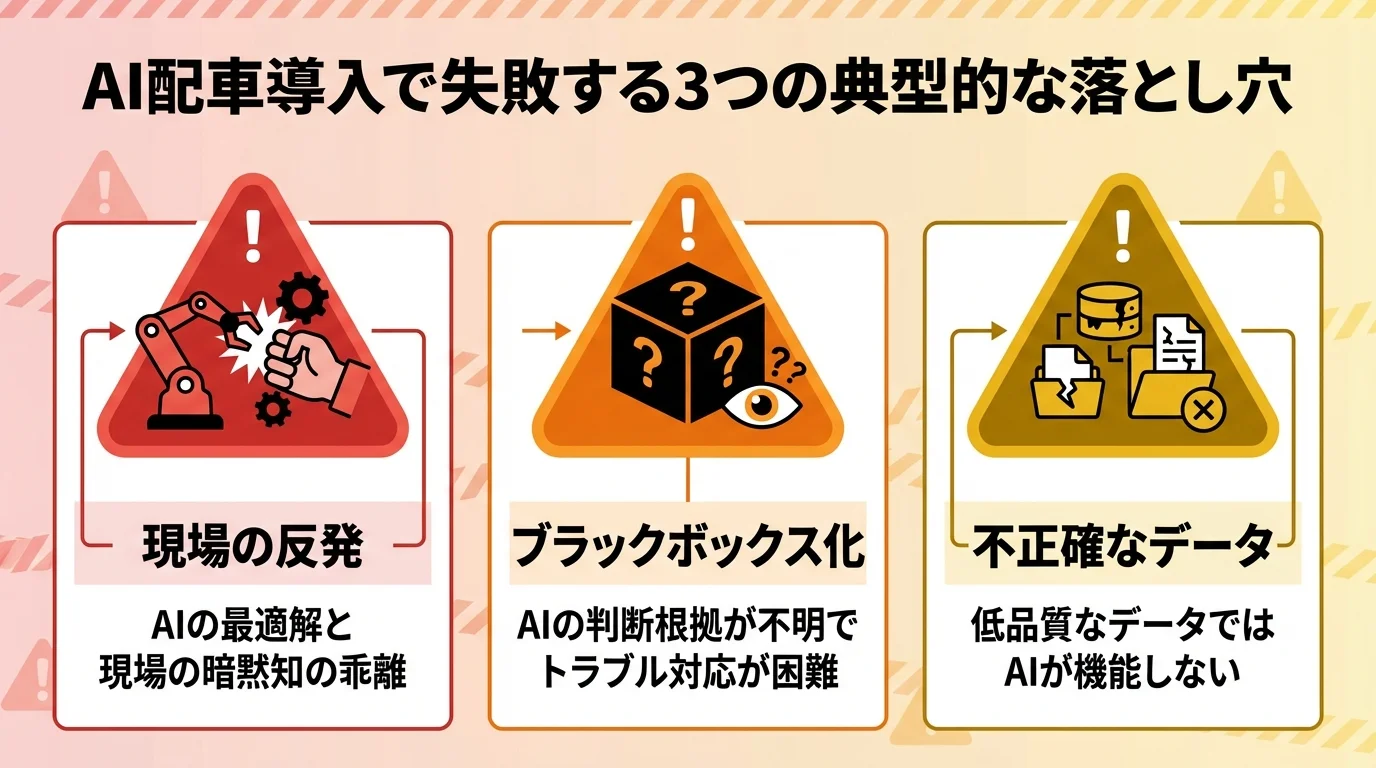 AI配車導入の失敗要因である「現場の反発」「ブラックボックス化」「不正確なデータ」の3つの注意点を示した図解
