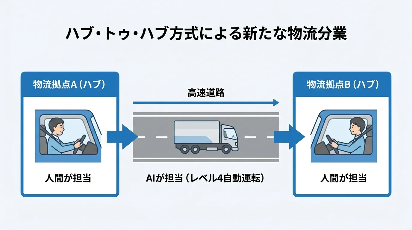 レベル4自動運転で実現するハブ・トゥ・ハブ方式のインフォグラフィック。物流拠点間の高速道路をAIが、そこから先を人間が担当する分業モデルを図解。