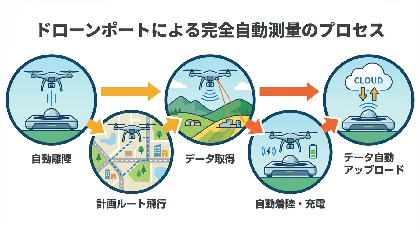ドローンポートを活用した完全自動測量の5ステップを示すインフォグラフィック。自動離陸からデータアップロードまでの流れを図解。
