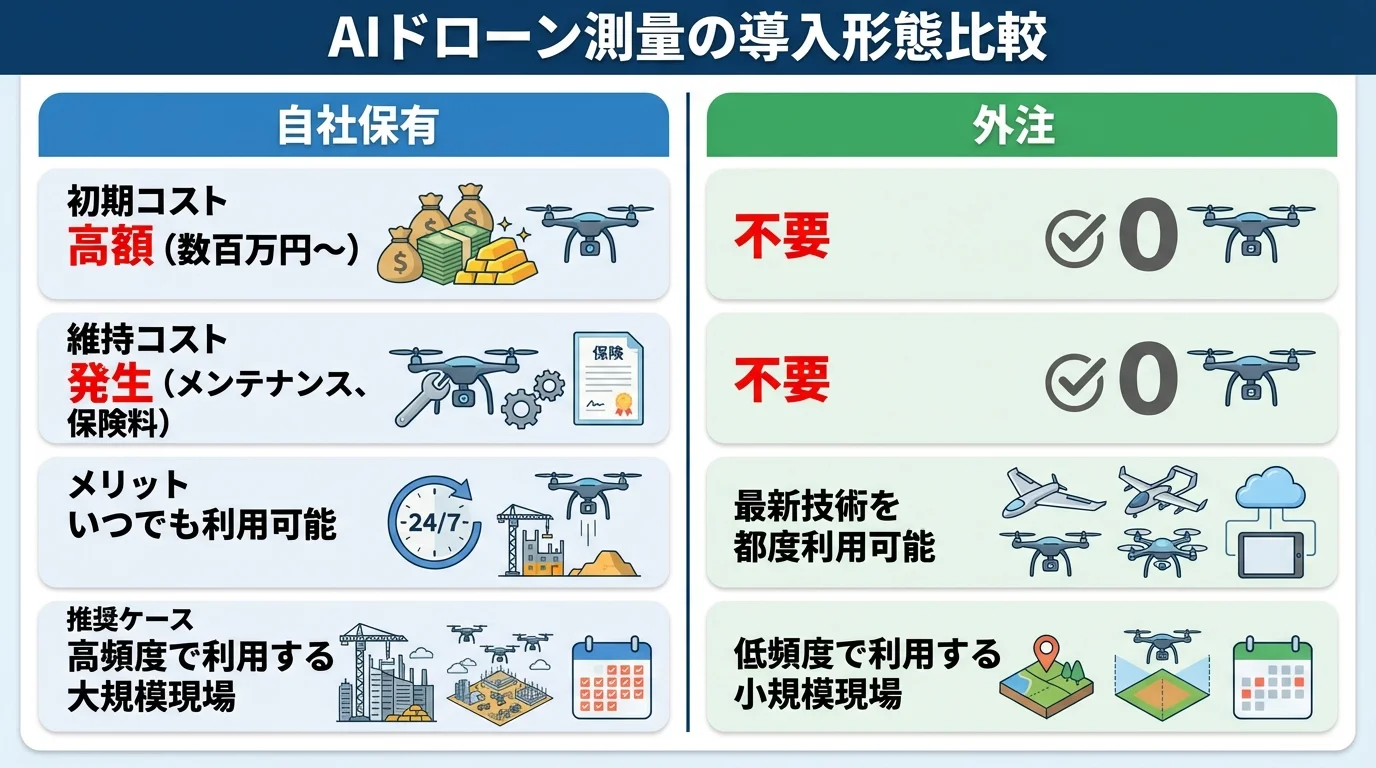 AIドローン測量を自社で保有する場合と専門業者へ外注する場合のコストやメリットを比較したインフォグラフィック。