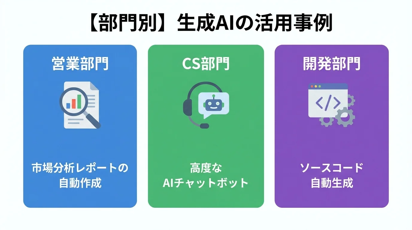 生成AIの部門別活用事例として「営業部門のレポート自動化」「CS部門のAIチャットボット」「開発部門のコード生成」を紹介するインフォグラフィック。