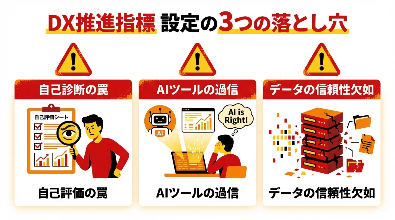 DX推進指標を設定する際の3つの注意点（自己診断の罠、AIツールの過信、データの信頼性欠如）を解説したインフォグラフィック。
