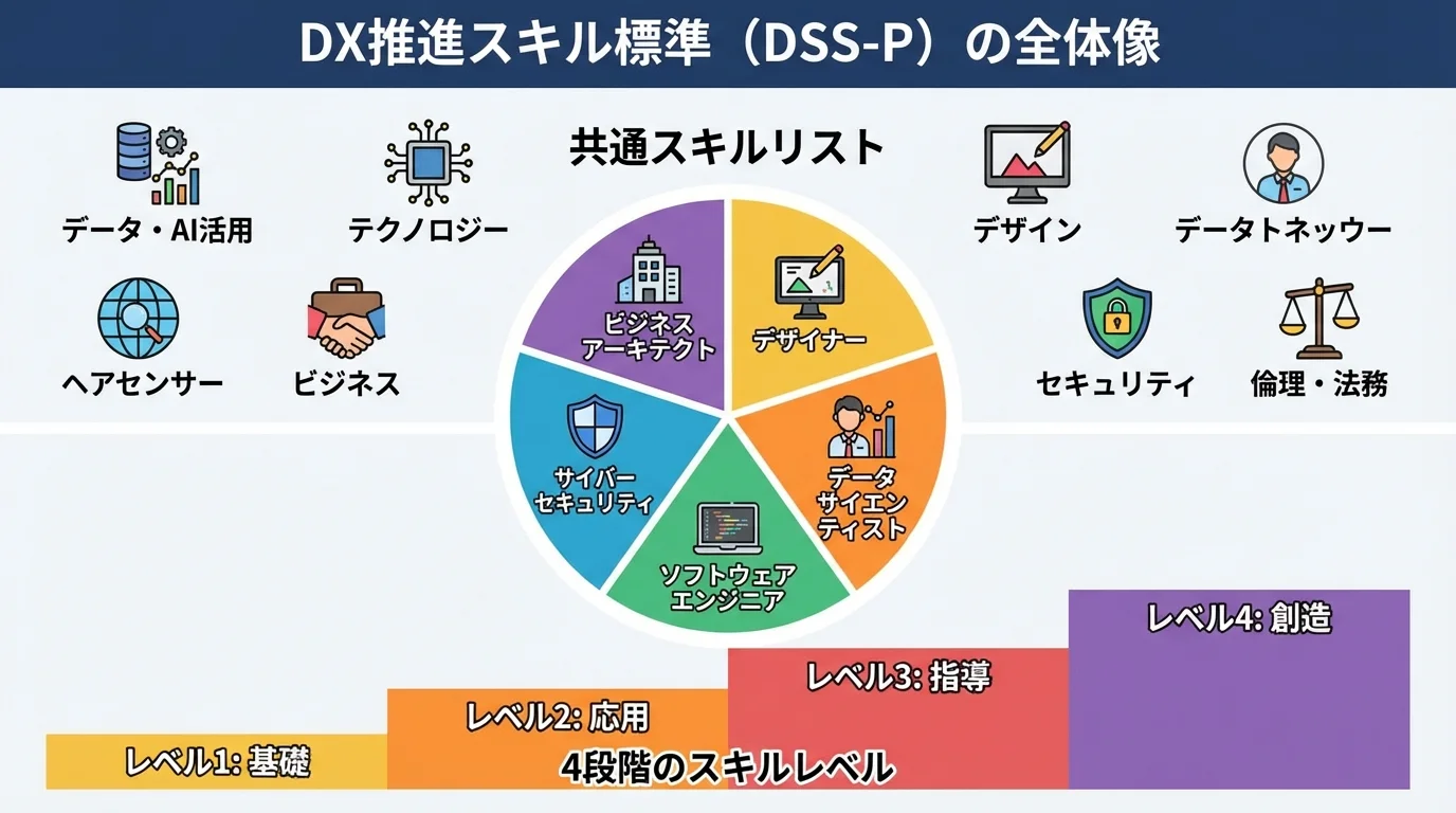 DX推進スキル標準の全体像を示すインフォグラフィック。中央に5つの人材類型を円形に配置し、それらを取り囲むように共通スキルリストと4段階のスキルレベルが説明されている。
