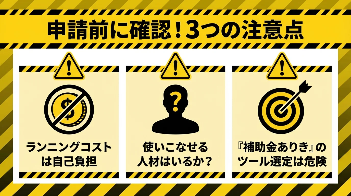 DX推進補助金を申請する前の3つの注意点（ランニングコスト、人材不足、補助金ありきのツール選定）をまとめたインフォグラフィック。
