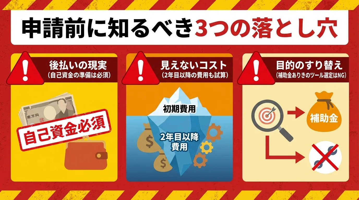 DX推進助成金申請における3つの注意点(後払い、ランニングコスト、目的を見失ったツール選定)をまとめた図解。