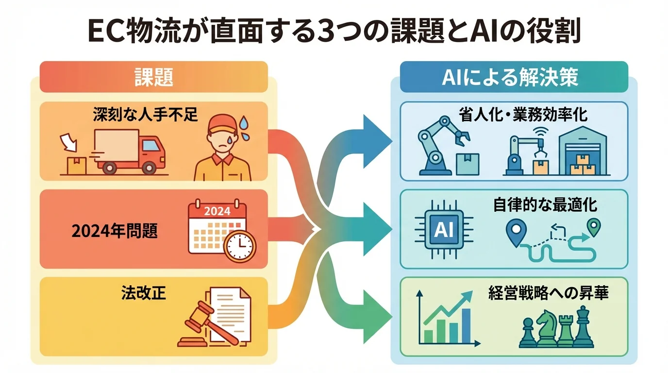 EC物流が直面する3つの課題（人手不足、2024年問題、法改正）とAIによる解決策を図解したインフォグラフィック