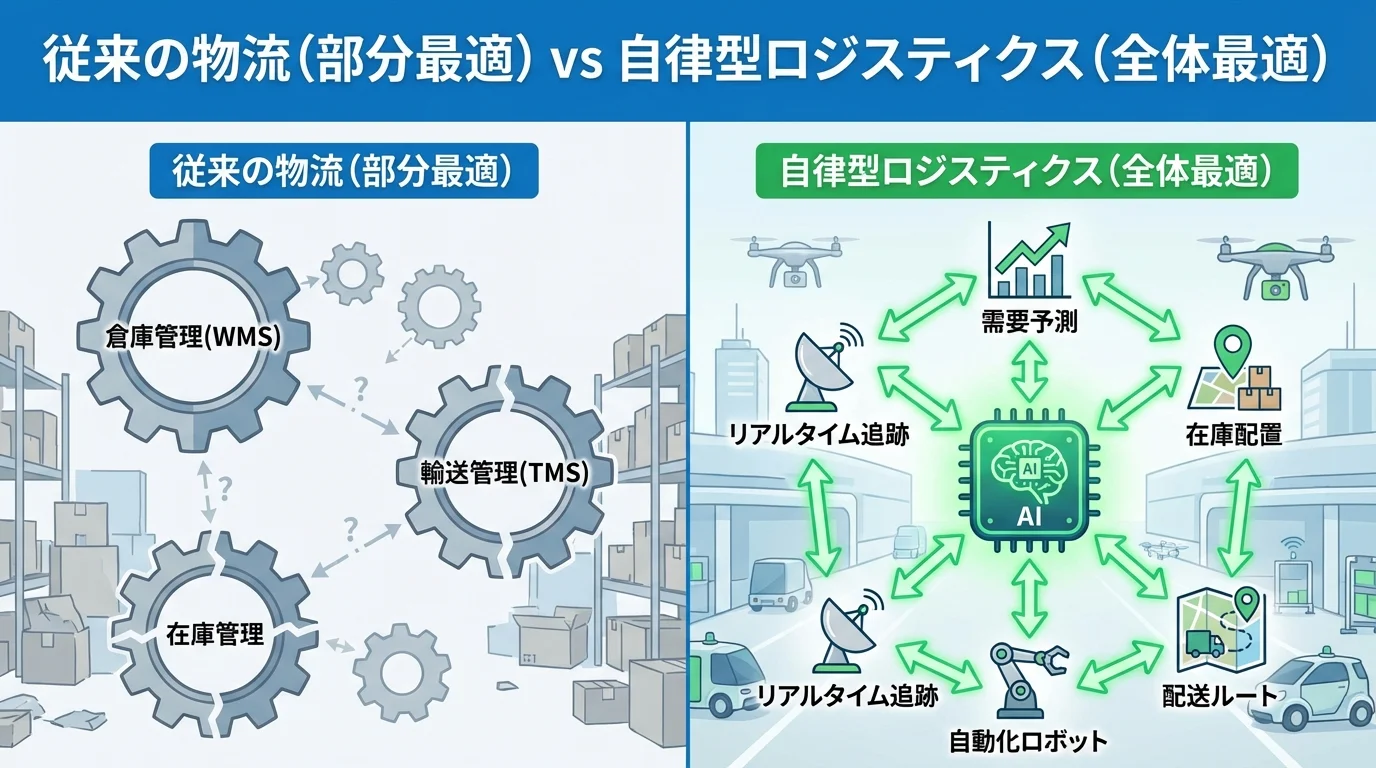従来の物流（部分最適）とAIによる自律型ロジスティクス（全体最適）を比較したインフォグラフィック