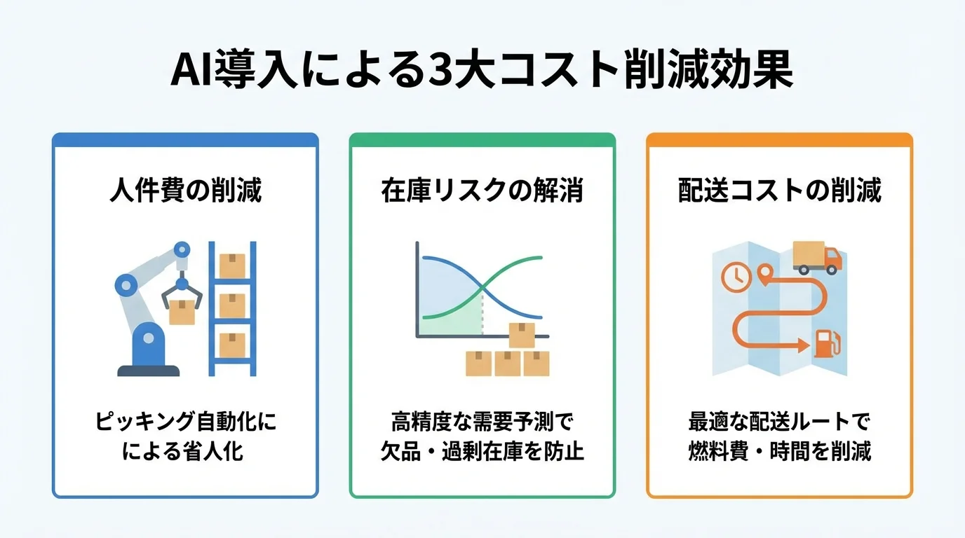 AI導入がもたらす3つのコスト削減効果（人件費削減・在庫リスク解消・配送コスト削減）をまとめたインフォグラフィック