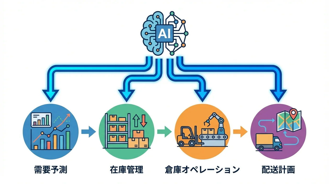 AIが需要予測から配送までEC物流のサプライチェーン全体を一気通貫で最適化する概念図