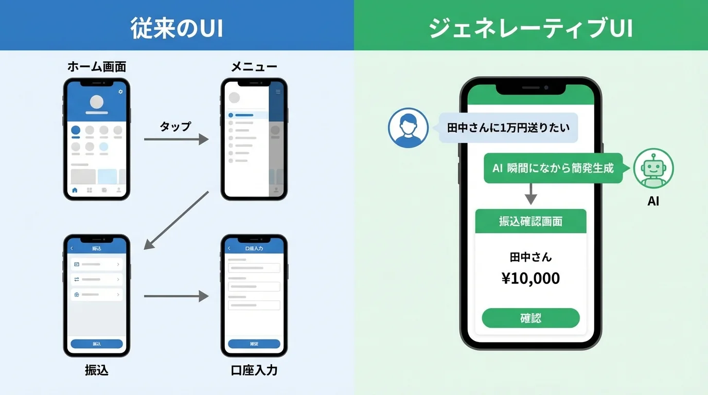 従来のUIとジェネレーティブUIの操作フローを比較する図。タップを繰り返す従来操作と、対話だけで取引画面が生成されるジェネレーティブUIの違いを示す。