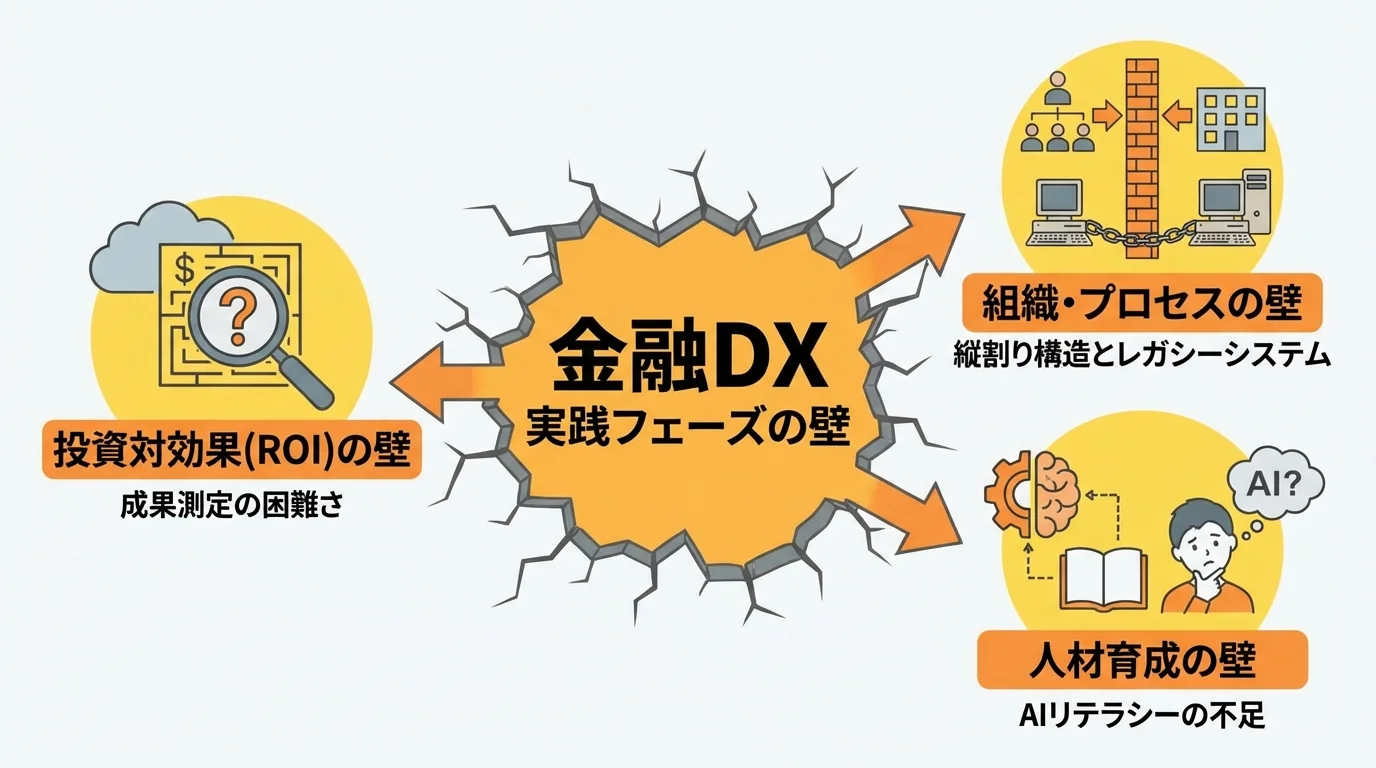 金融DXが実践フェーズで直面する3つの壁(投資対効果、組織・プロセス、人材育成)をまとめたインフォグラフィック。