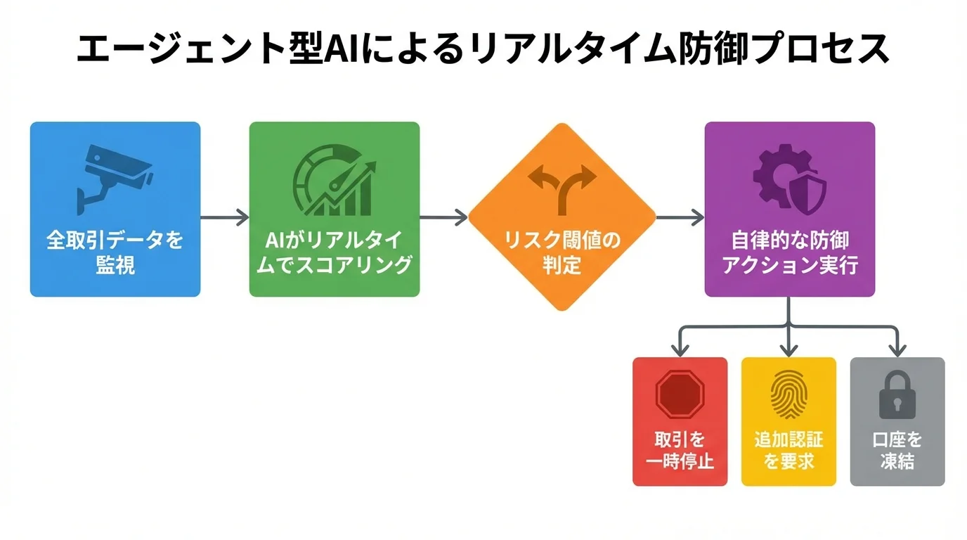 エージェント型AIが不正を検知してから防御アクションを実行するまでのフローチャート