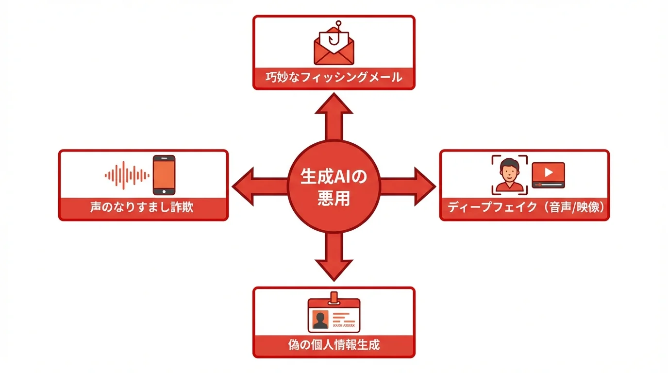 生成AIを悪用したサイバー攻撃の主な手口を示すインフォグラフィック。フィッシングメール、ディープフェイク、なりすまし詐欺などが図解されている。