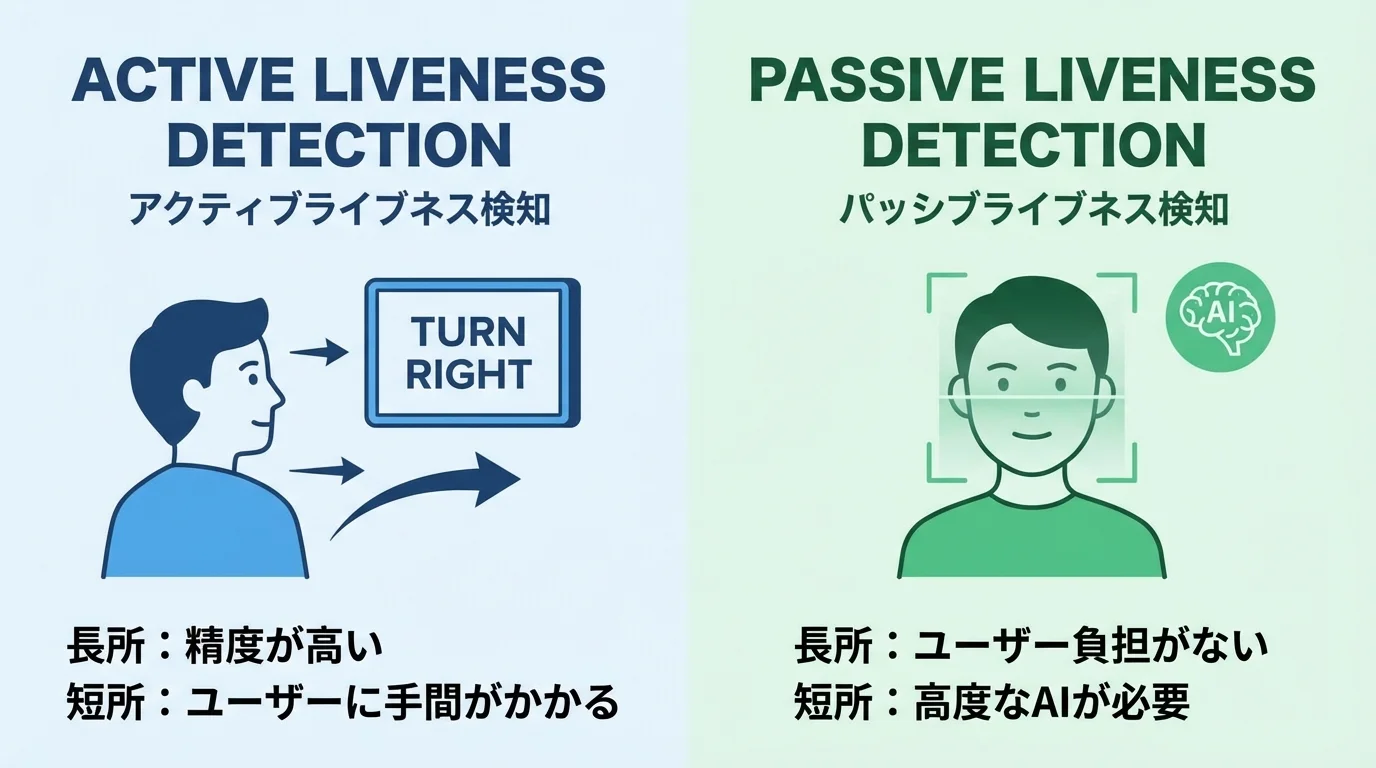 ユーザーに動作を求めるアクティブライブネス検知と、自動で判定するパッシブライブネス検知の違いを比較するインフォグラフィック。