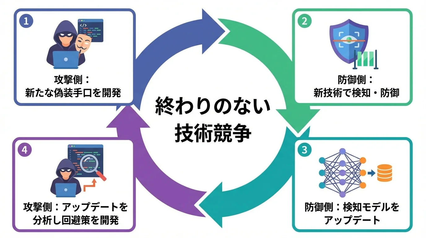 なりすまし攻撃側と検知AI防御側の終わらない技術開発競争(イタチごっこ)を表すサイクル図のインフォグラフィック。