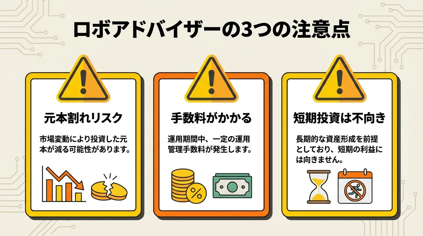 ロボアドバイザーの注意点である元本割れリスク、手数料、短期投資について解説したインフォグラフィック