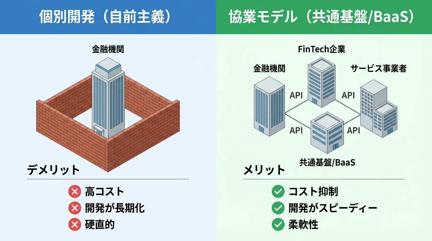 個別開発のデメリット（高コスト、長期化）と、共通基盤やBaaSを活用した協業モデルのメリット（コスト抑制、スピーディー）を比較した図解。