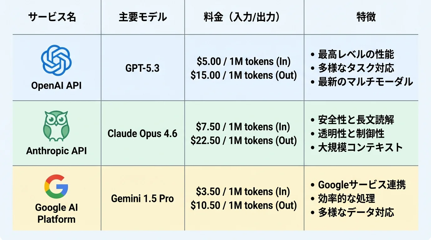 主要な生成AI API（OpenAI, Anthropic, Google AI）の料金、主要モデル、特徴を比較したインフォグラフィック表。