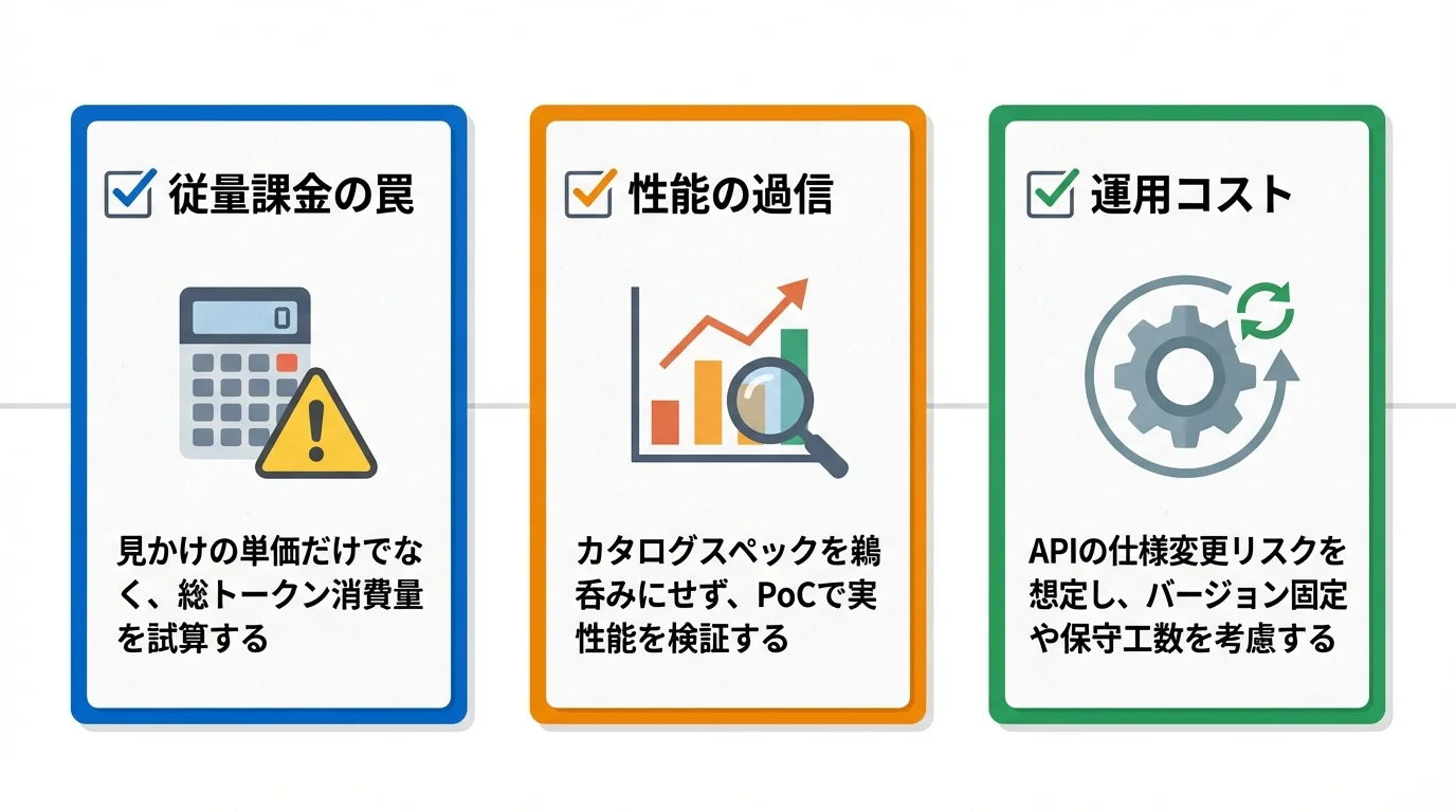 生成AI API導入で失敗しないための3つの注意点をまとめたインフォグラフィック。料金、性能、運用コストの落とし穴を図解。