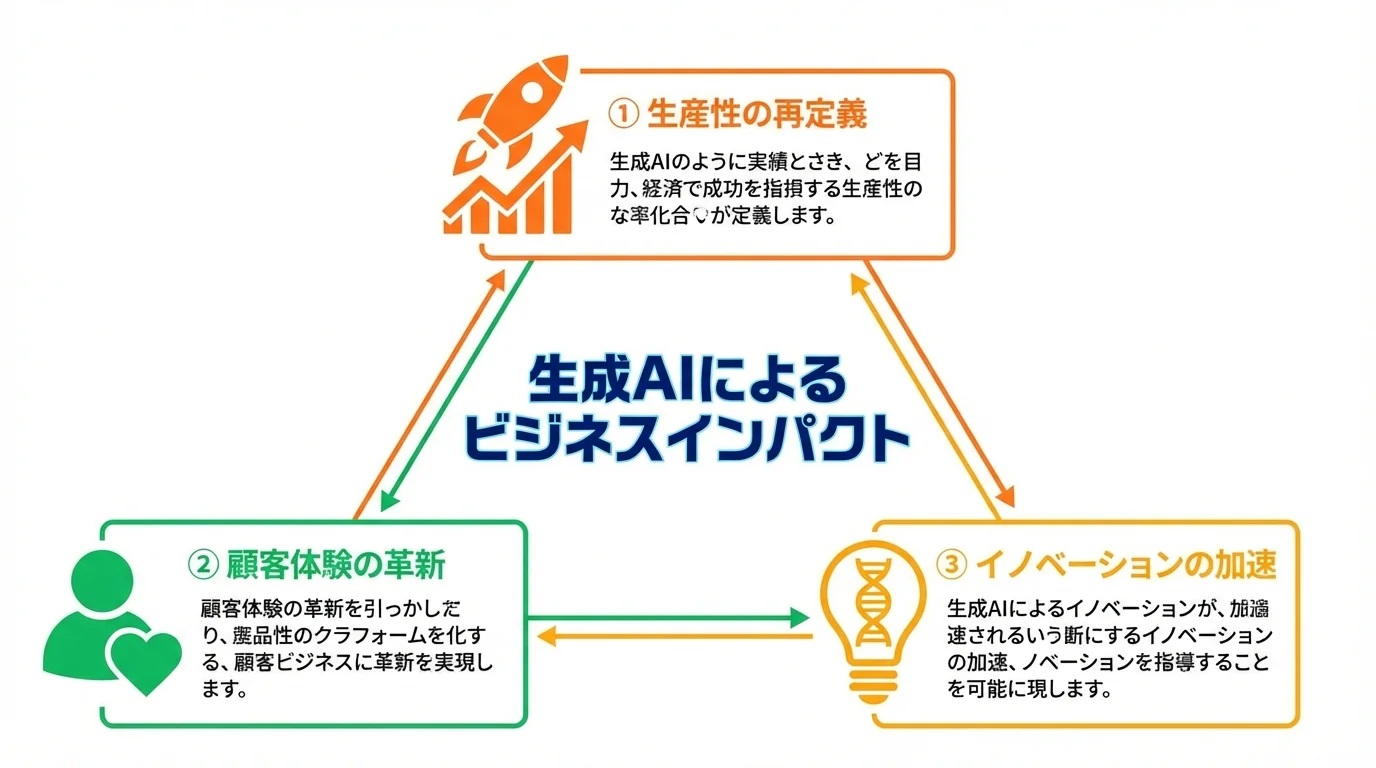 生成AIがビジネスにもたらす3つの大きなインパクト（生産性の再定義、顧客体験の革新、イノベーションの加速）を図解したインフォグラフィック。