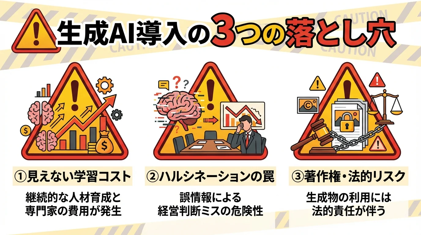 生成AIを企業導入する際の3つの注意点（学習コスト、ハルシネーション、著作権リスク）をまとめた警告インフォグラフィック。