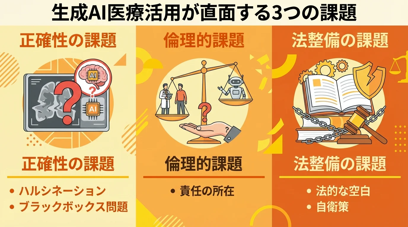 生成AIが医療で直面する3つの課題（正確性、倫理、法整備）をまとめたインフォグラフィック図解。