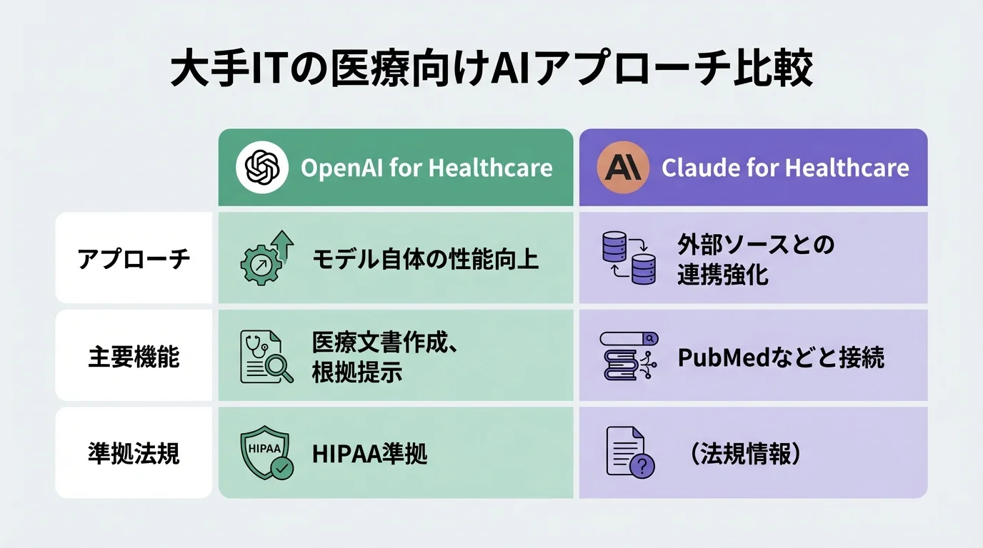 OpenAIとAnthropicの医療向け生成AIサービスのアプローチを比較したインフォグラグラフィック表。