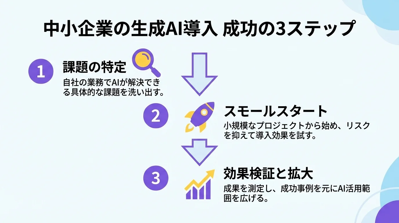 中小企業が生成AI導入を成功させるための3ステップを図解したインフォグラフィック。課題特定、スモールスタート、効果検証と拡大の手順を示す。