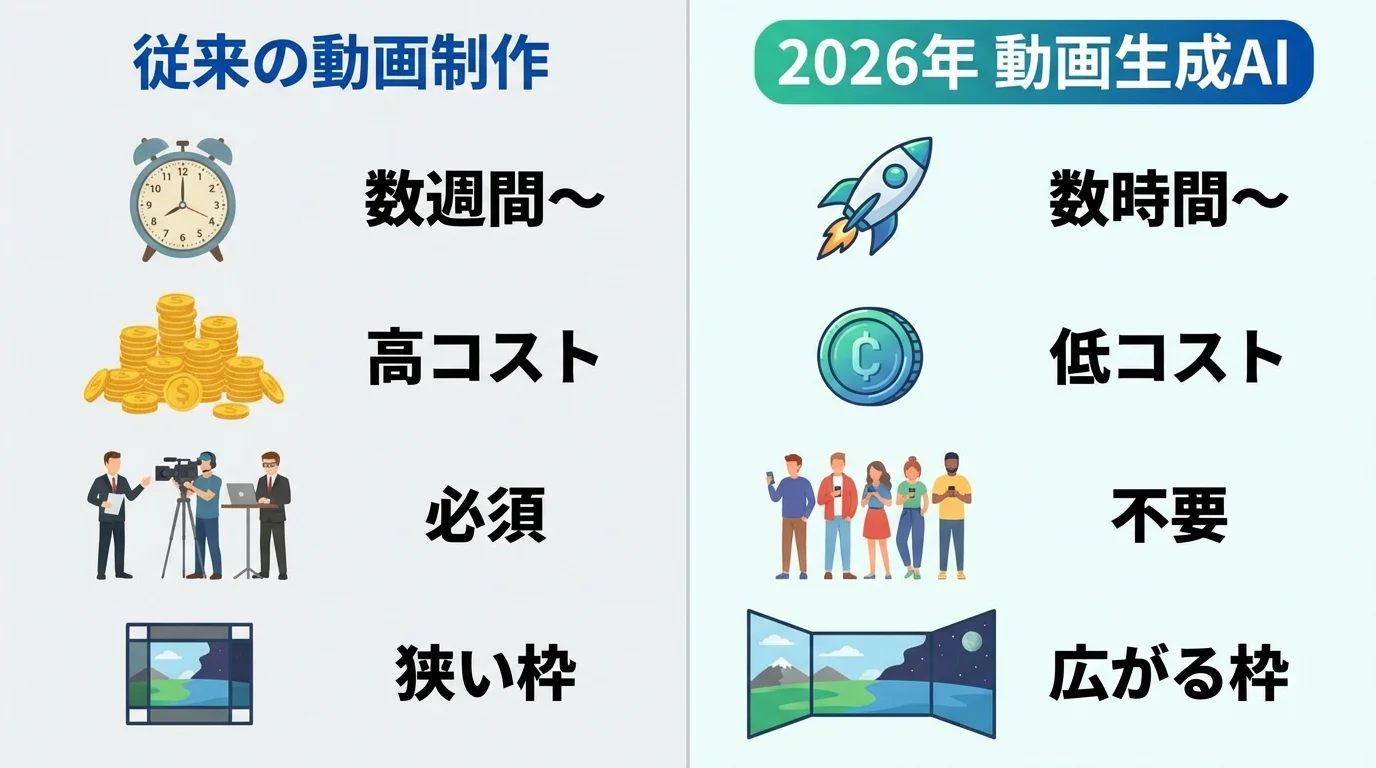 従来の動画制作と2026年の動画生成AIを制作時間、コスト、専門スキルの観点から比較したインフォグラフィック