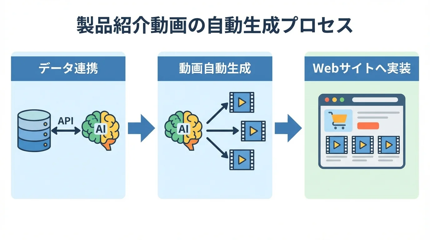 製品データベースとAPI連携し、ブランド紹介動画を自動生成してECサイトに実装するまでのプロセスを示したフローチャート