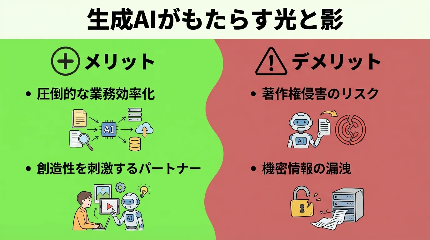 生成AIのメリット(業務効率化、創造性拡張)とデメリット(著作権侵害、情報漏洩)を比較するインフォグラフィック