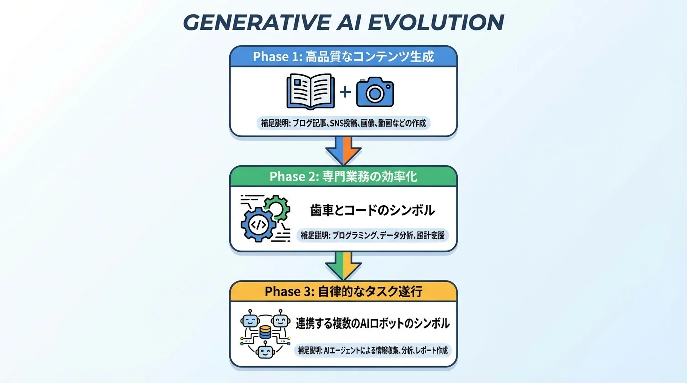 生成AIでできることの進化を3段階で解説した図解。コンテンツ生成から業務効率化、自律的タスク遂行へと進化する様子を示している。