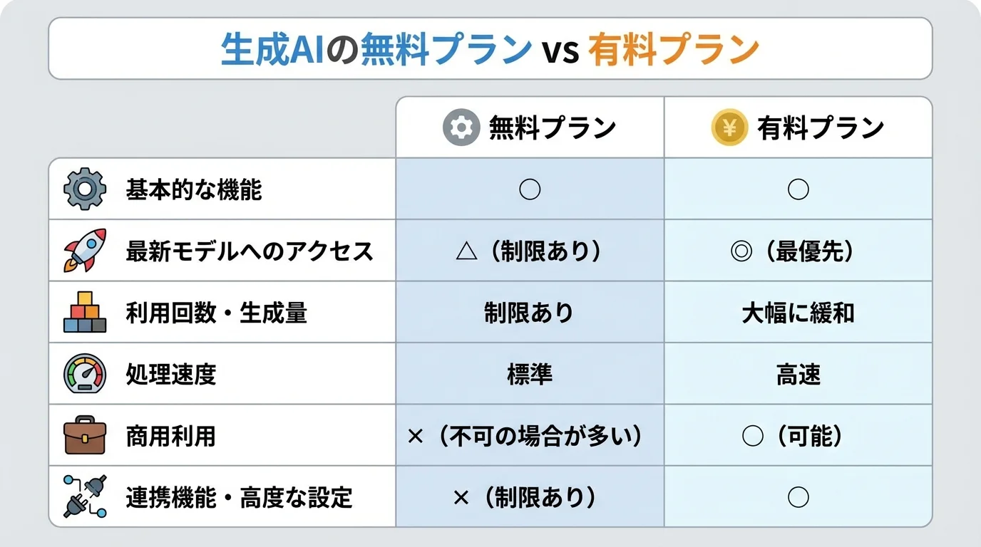 生成AIの無料プランと有料プランのできることの違いを比較した一覧表。機能、利用回数、商用利用などの項目で比較している。