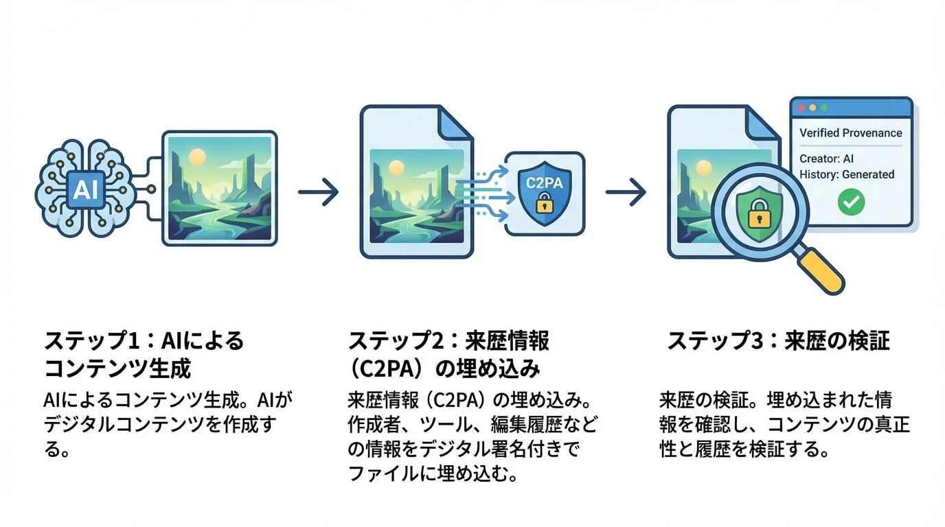 C2PA技術によるAI生成コンテンツの来歴証明プロセスを3ステップで解説した図解