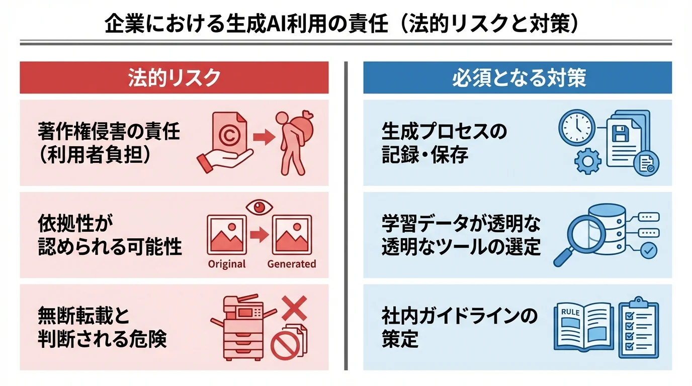 企業が生成AIを利用する際の法的リスクと、それに対する必須の対策を比較したインフォグラフィック