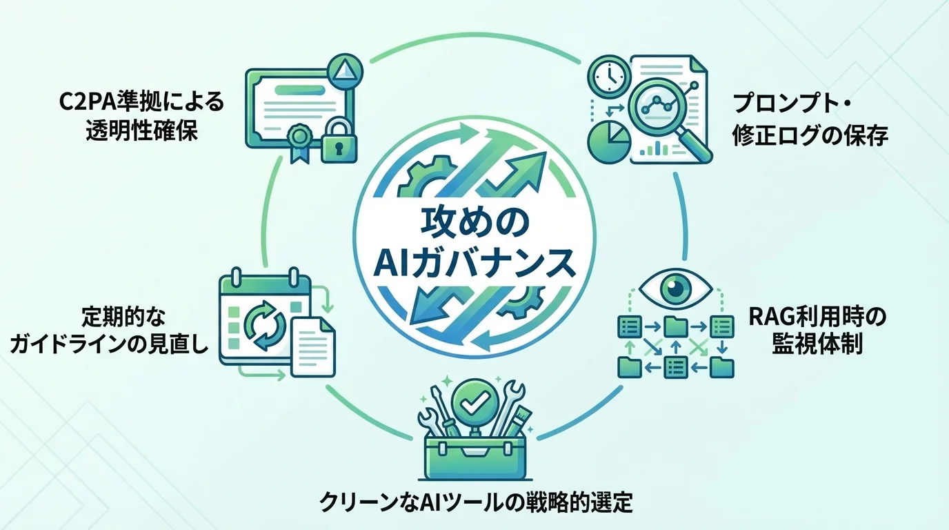 企業の成長に繋げる「攻めのAIガバナンス」に求められる5つの主要な要素を図解したインフォグラフィック
