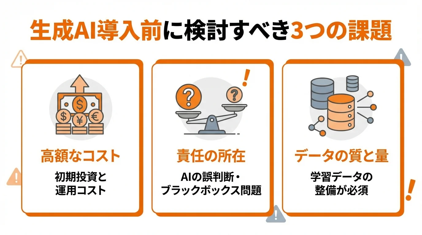 物流における生成AI導入の課題である「高額なコスト」「責任の所在」「データの質と量」の3点をまとめたインフォグラフィック。