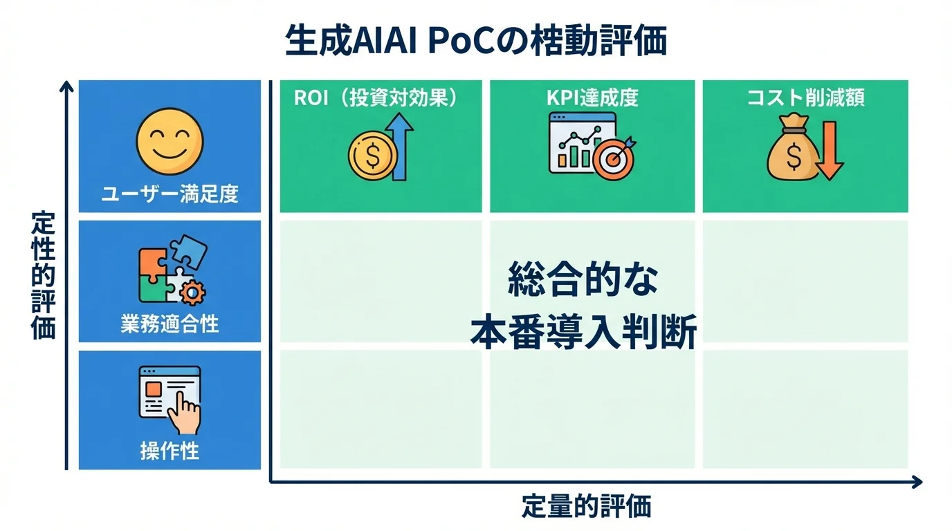生成AI PoCの評価軸を示す図。定量的評価(ROI, KPI)と定性的評価(ユーザー満足度, 業務適合性)の両面から総合的に本番導入を判断することを示している。