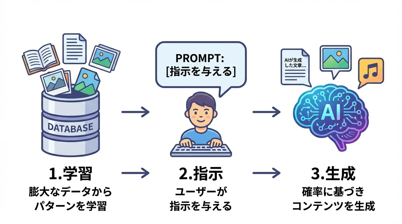 生成AIがコンテンツを生成する仕組みを示した3段階のステップ図。学習、指示、生成のプロセスを図解。
