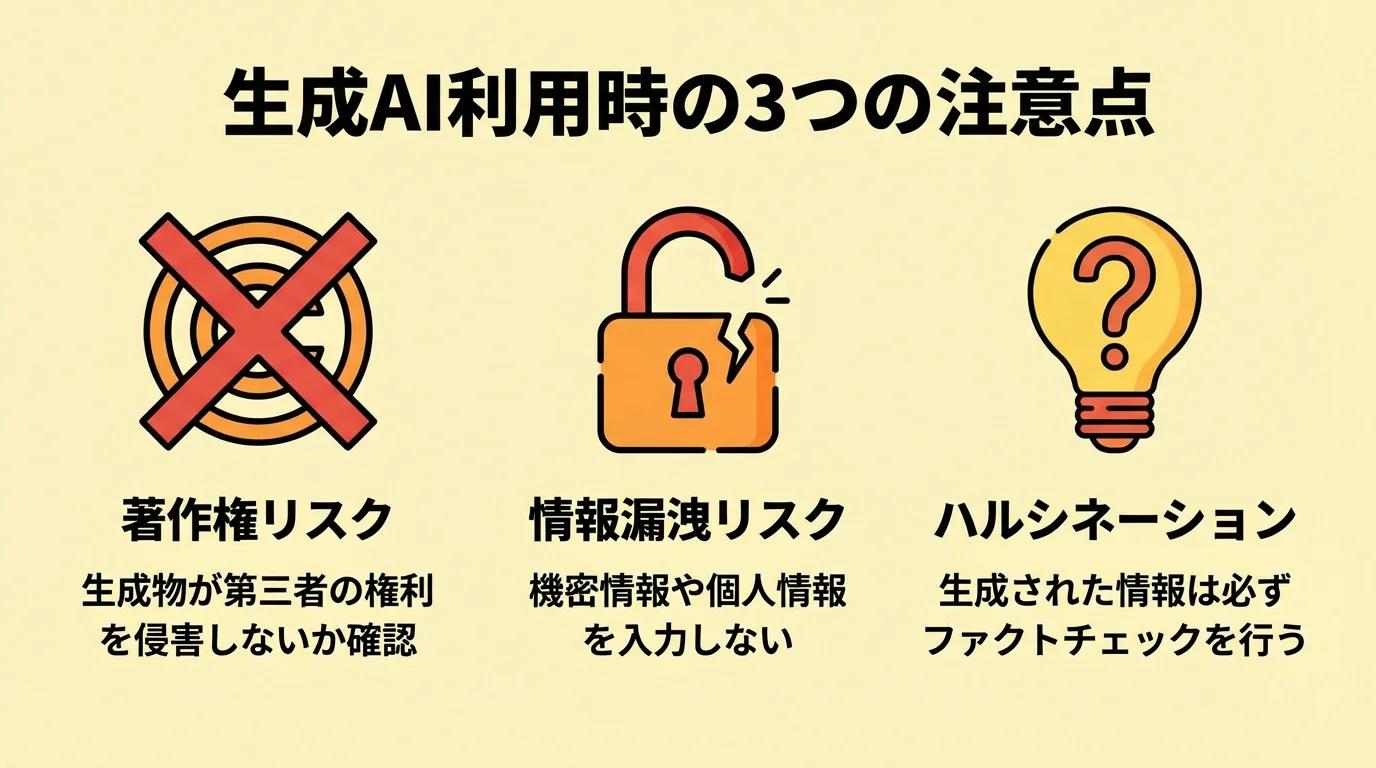 生成AIを利用する際の3つの注意点をまとめたインフォグラフィック。著作権、情報漏洩、ハルシネーションのリスクをアイコンで解説。