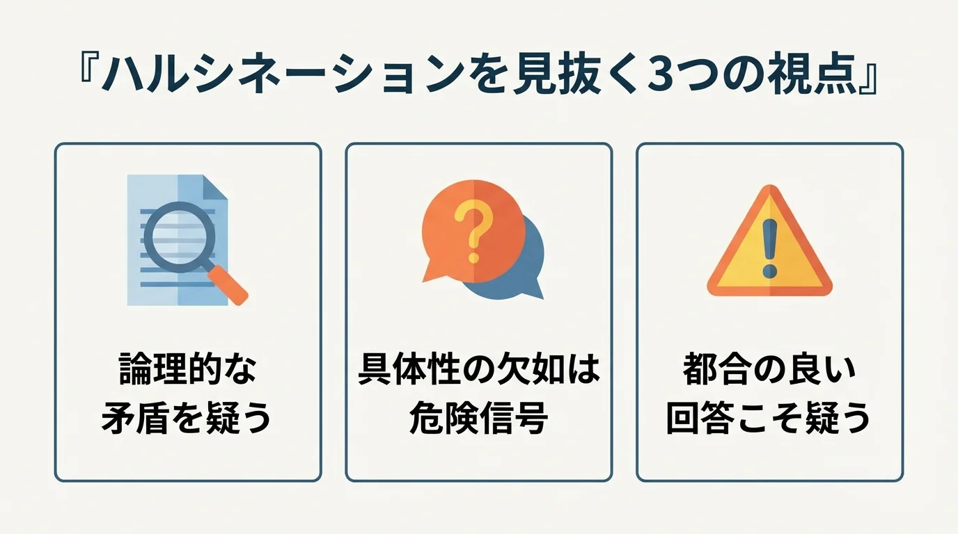 生成AIの嘘（ハルシネーション）を見抜くための3つの視点（論理的矛盾、具体性の欠如、都合の良い回答）を示した図解