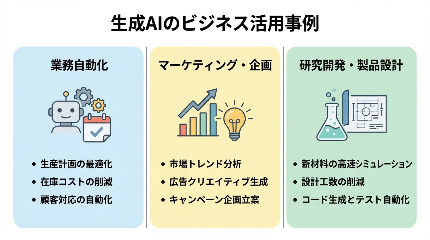 生成AIのビジネス活用事例を3つの領域(業務自動化、マーケティング・企画、研究開発)に分けて図解したインフォグラフィック。