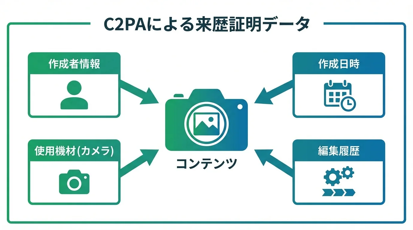 C2PA規格が、コンテンツに作成者や編集履歴といった来歴情報を埋め込み、信頼性を証明する仕組みを示した概念図。