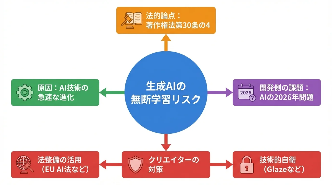 AIの無断学習リスクを取り巻く、原因、著作権問題、2026年問題、そして対策という4つの要素の関係性を示した概念マップ図。
