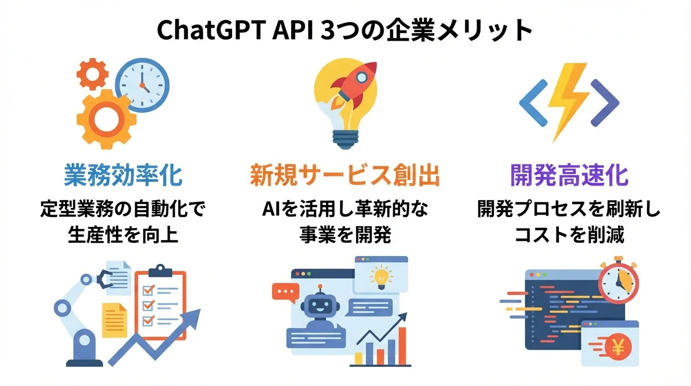 ChatGPT APIを企業が導入する3つのメリット(業務効率化、新規サービス創出、開発高速化)を示した図。