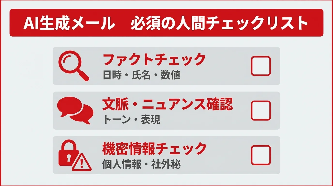 AIが生成したメールを送信する前の必須チェックリスト(ファクトチェック、文脈確認、機密情報チェック)を示したインフォグラフィック