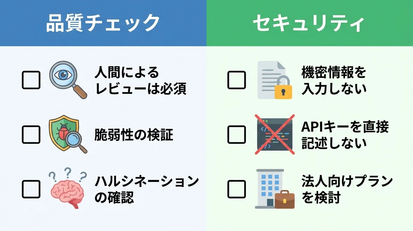 ChatGPTで生成したコードを業務利用する際の品質チェックとセキュリティに関する注意点をまとめたチェックリスト形式のインフォグラフィック。